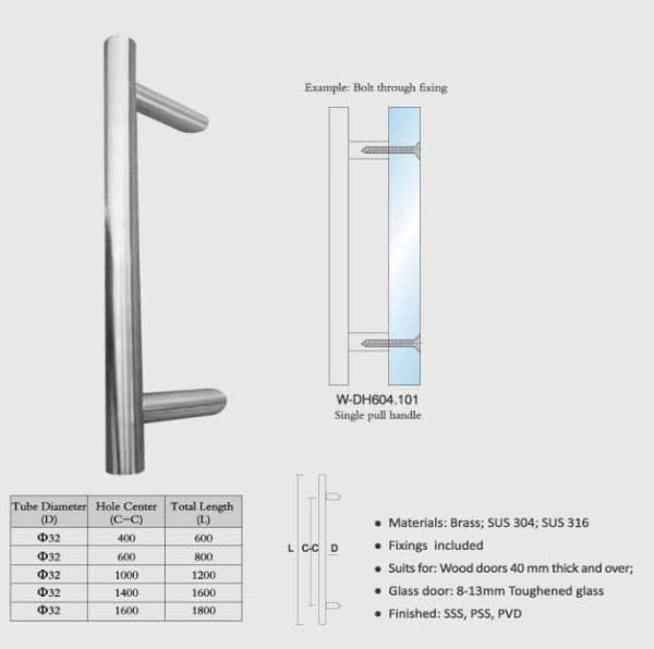 wooden door handles brass / SUS entry door handles set Dia. 32mm tub L600-L1800