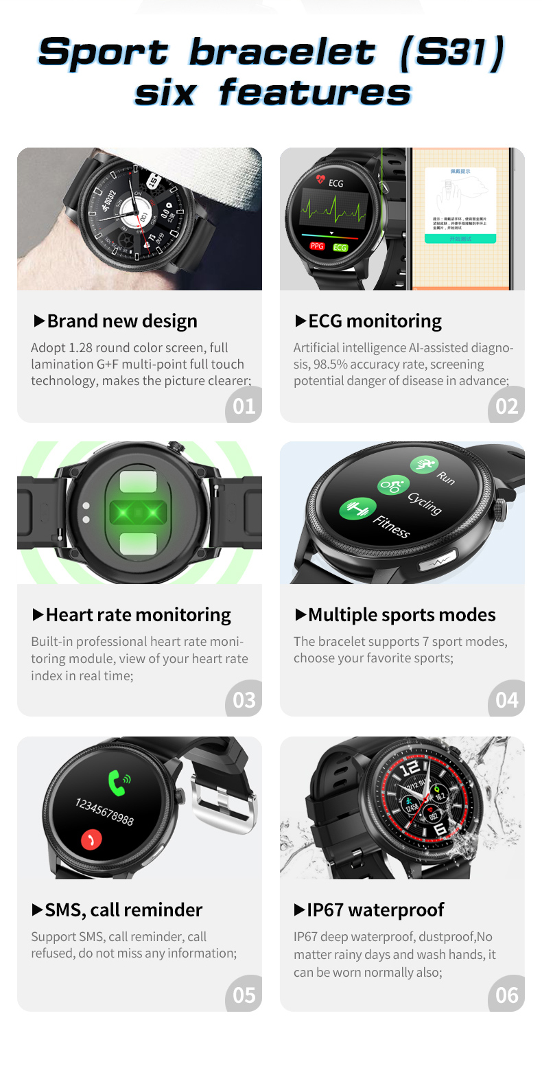 HL31 Smart Watches BT4.2 40MHz Round Weather Record Sleep Time 160KB RAM