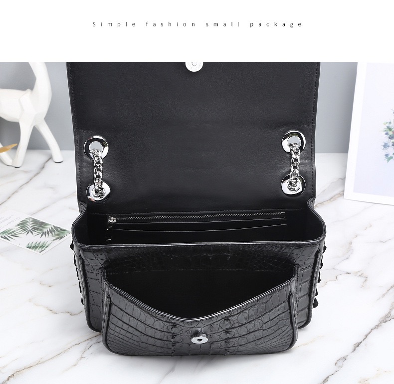 Exotic Genuine Crocodile Skin Silver Chain Lady Purse Real True Alligator Leather Women Purse Female Single Shoulder Bag