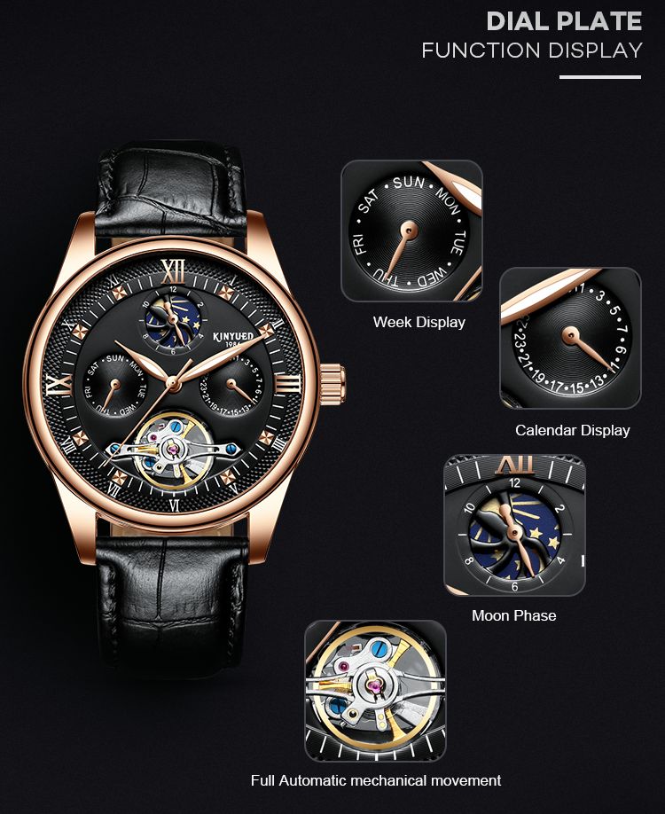 KINYUED genuine leather tourbillon mens automatic watch men moon phase watch men wristwatch