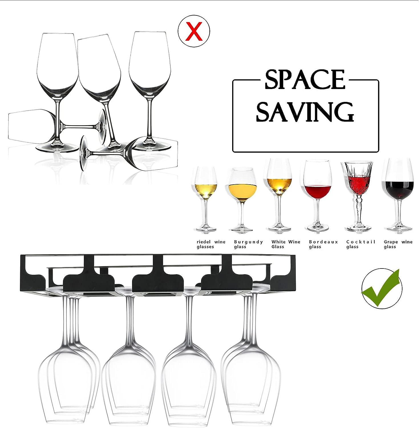 Kitchen Wine Glass Rack Under Cabinet Stemware Holder Metal Hanging Organizer for Bar