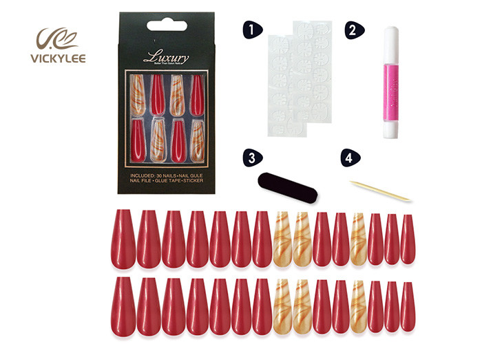 Long French Ballerina ABS red coffin nails 3 Minutes Fast Manicure