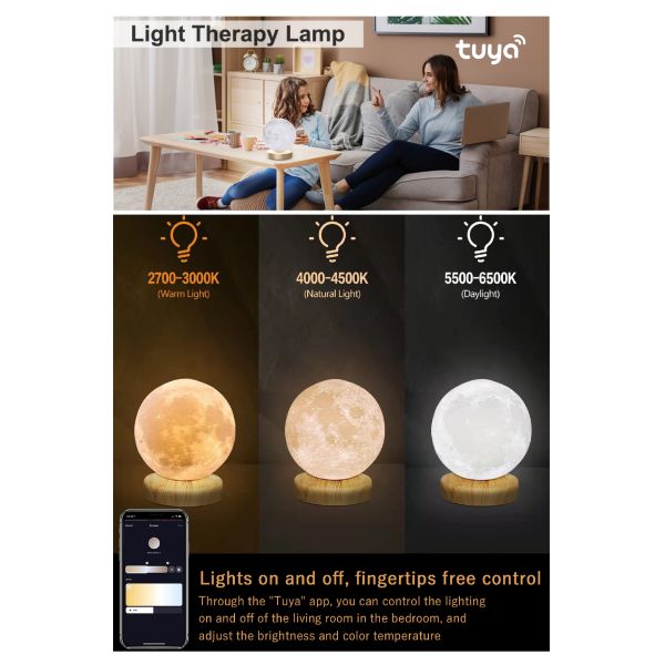 Dimmable 10000 Lux Light Therapy Lamp with Tuya APP Control and Circadian Rhythm Lighting