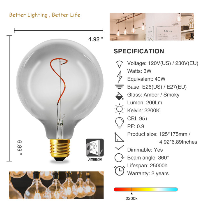 G125 Spiral LED Filament Bulb OEM Energy Saving LED Lamp 135lm