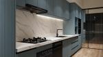 Sleek Cohesive Modern Kitchen Cabinet With Blue Grey Grill Panel Design