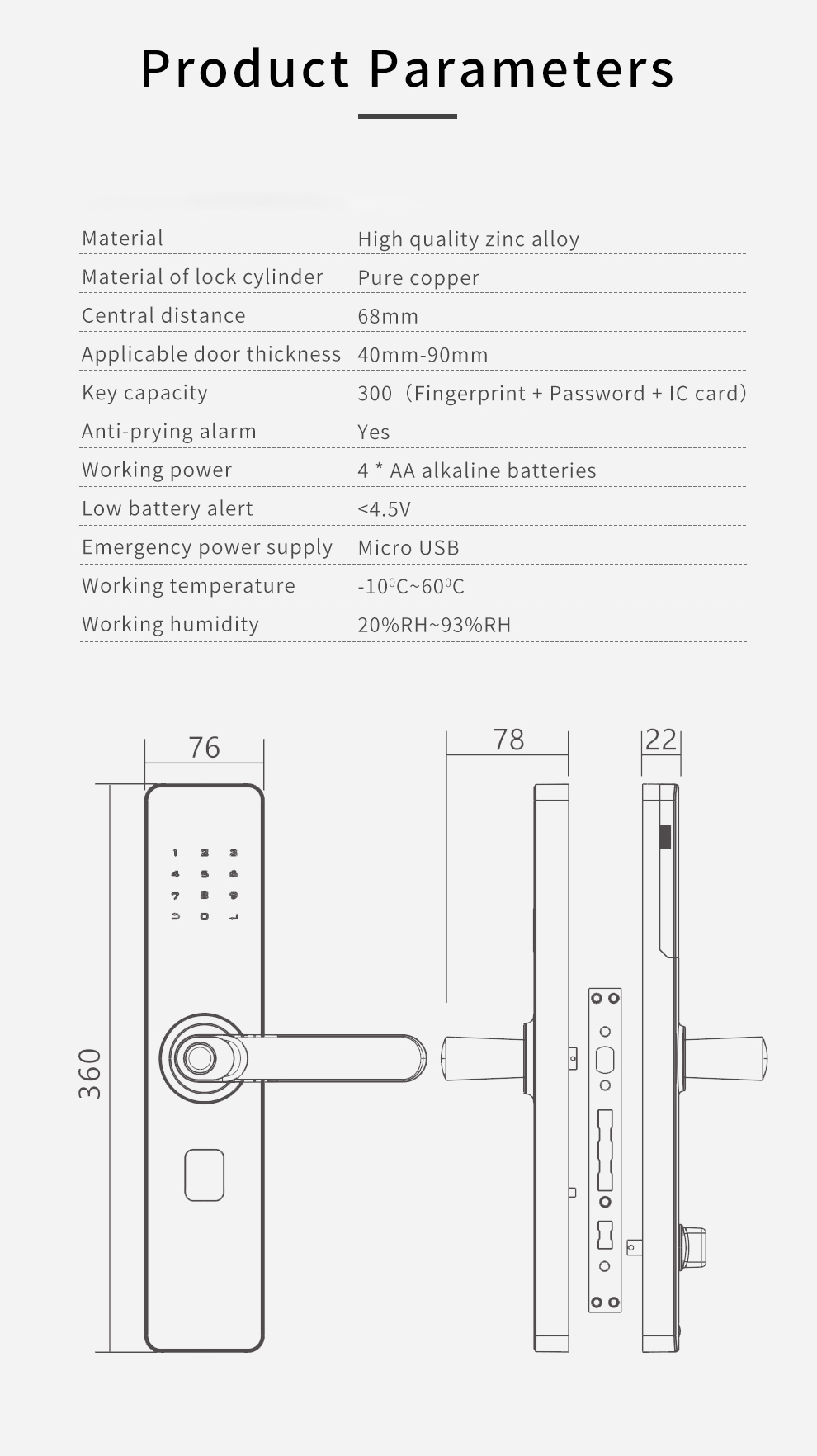 Keyless Entry Mortise Door Lock With Biometric Fingerprint Touchscreen Smart