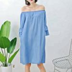 Young Ladies Denim Shirt Dress Off Shoulder Bat Wing Long Sleeve KneeLength
