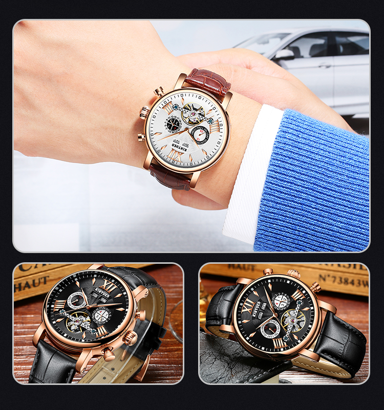 KINYUED J017-2 Silver Case Leather Strap Complete Calendar Skeleton Automatic Mechanical Wristwatches relogio masculin