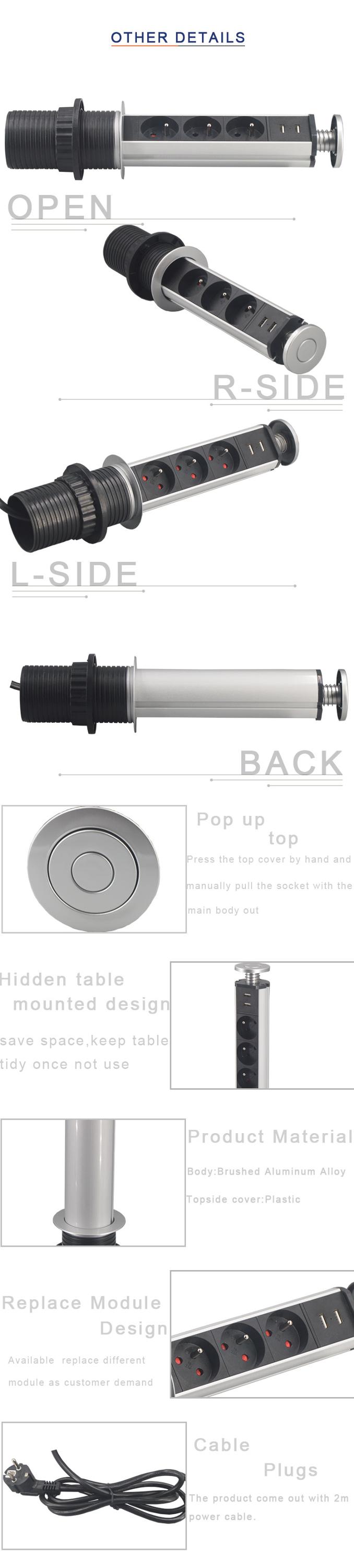 3 EURO kitchen pull pop up electric socket with phone power charging