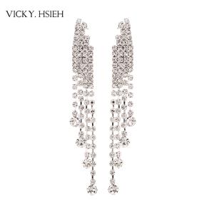 Wholesale VICKY.HSIEH Wedding Bridal Silver Tone Cystal Rhinestone Tassel Dangle Earrings for Women from china suppliers