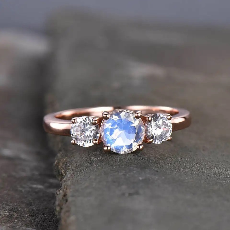 925 Sterling Silver CZ Natural Jewelry Faceted Rainbow Moonstone Three Stone Ring