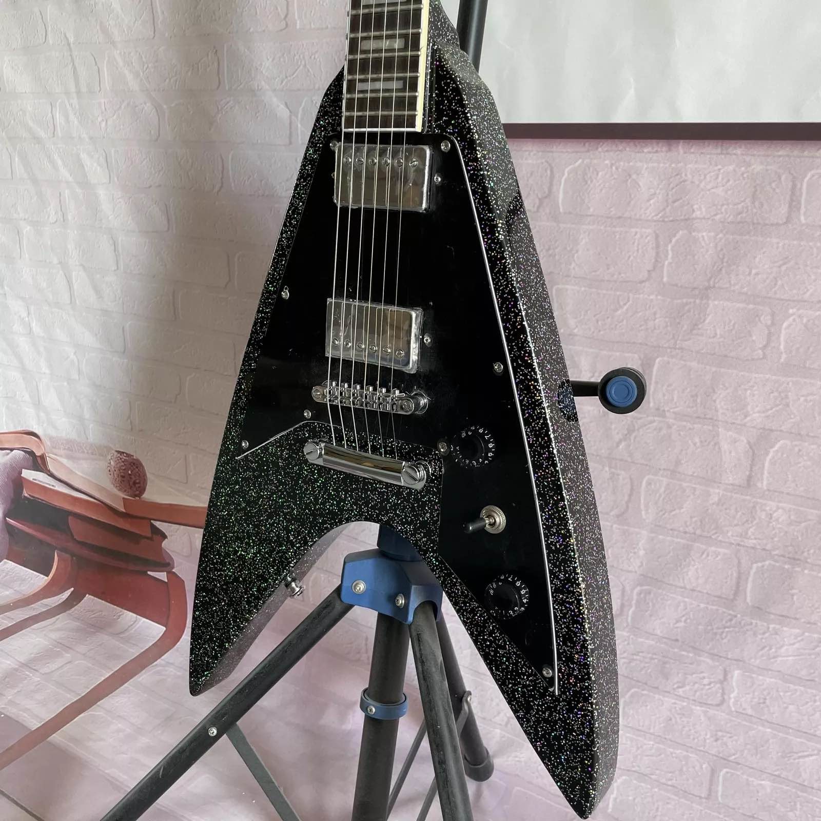 Custom Factory Metallic Grey Silver V Shape Electric Guitar Closed Pickups Mahogany Body Neck