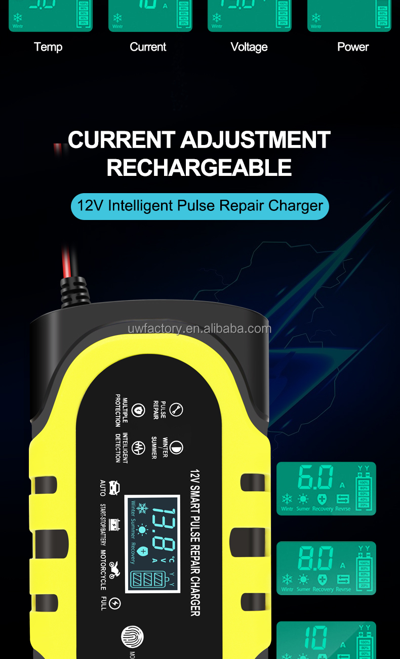 EU AU US UK JP Smart Pulse Repair AGM Gel Lead Acid Battery Charger 12V 15A 10A 8A 7A 6A 5A for Auto Motorcycle Truck