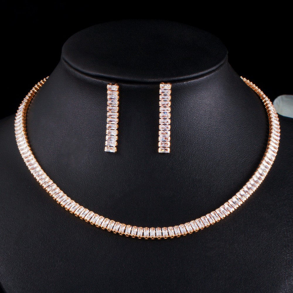 White Gold Color Luxury Bridal CZ Crystal Necklace Dark White Crystal CZ Necklace Earring Silver Wedding Jewelry Sets