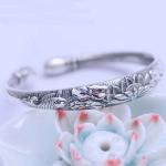 Women Engraved Water Lily Buddhist Sutras Sterling Silver Cuff Bracelet