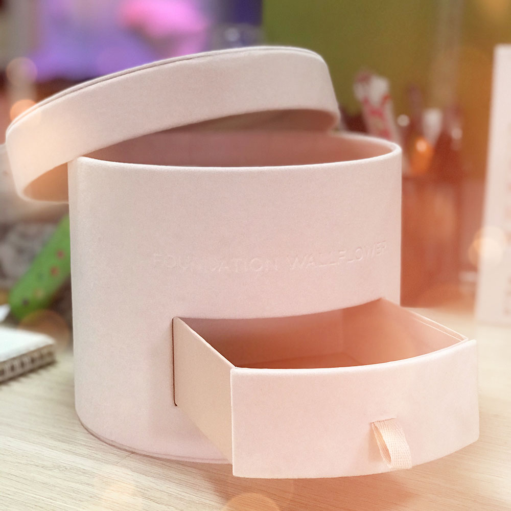 Custom Order Pink Cylinder Velvet Box Packaging with Drawer and Round Design