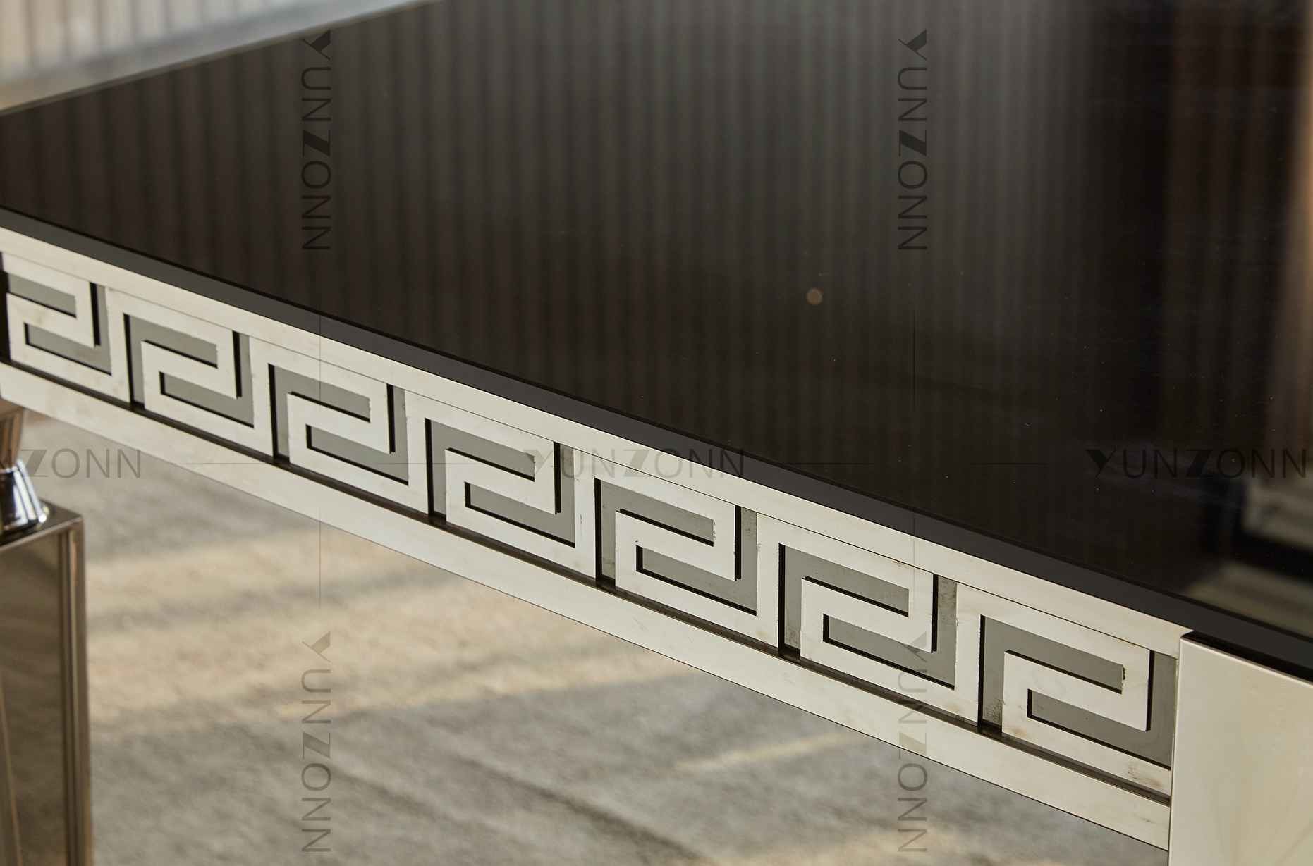 Concise Black Glass Dining Table Carved Edge Angular Legs For Dining Room