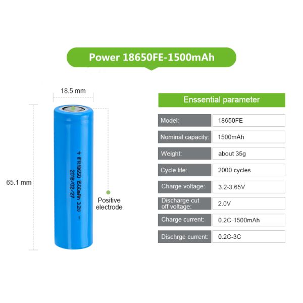 Deep Cycle LiFePO4 Batteries 18650FE 3.2v 1500mAh Cylindrical Lithium Iron Phosphate Battery