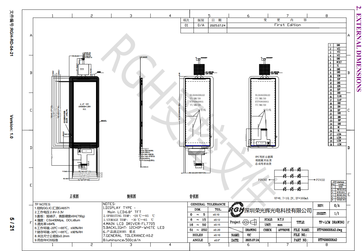 6.8-Inch TFT LCD Panel with 650 cd/m² Luminance , GA6571 Touch IC , and FL7705 Driver