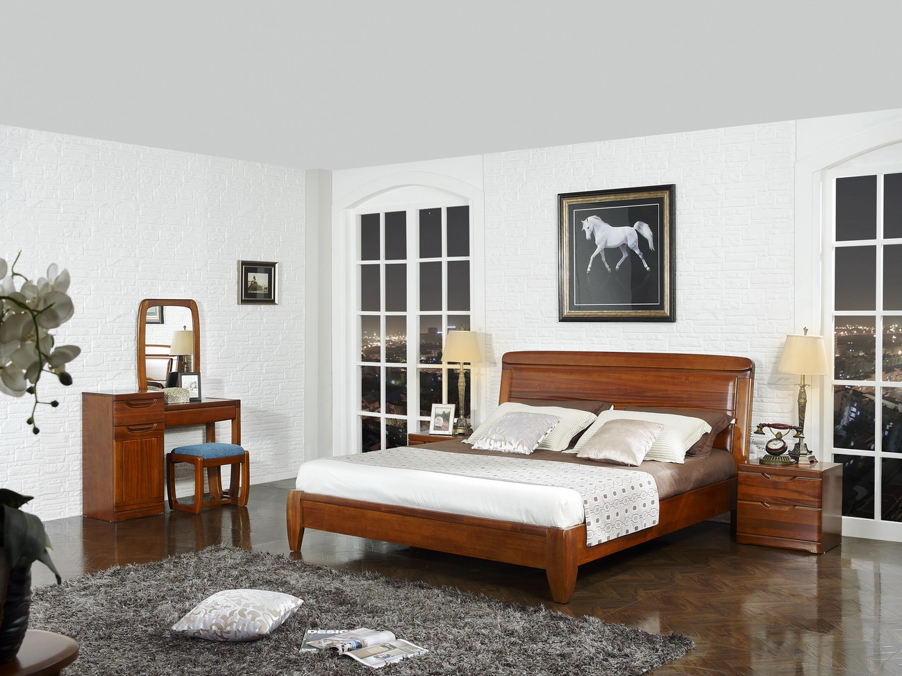 New design Upholstered headboard Bedroom furniture set By ISO9001 and FSC china factory with Mirror stand and Dresser