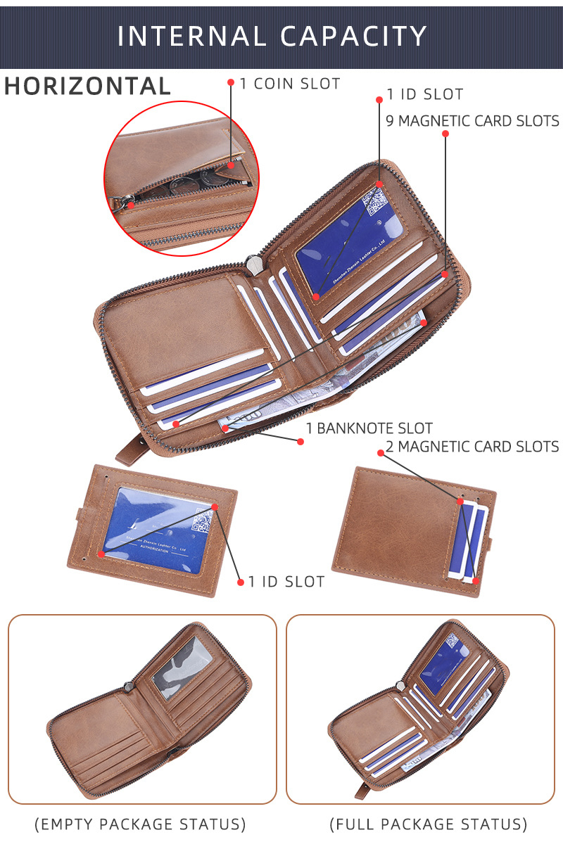 Zipper Closure Retro Handmade Man Purse for Vintage Retro Matte Genuine Leather Wallet