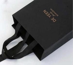 China Professional Small Black Paper Bags , Personalised Paper Bags With Ribbon Handle on sale