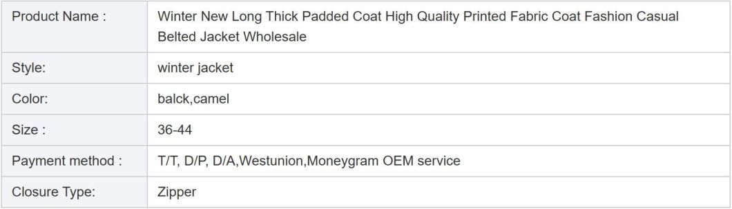 Winter Long Thick Padded Coat Women Printed Fabric Coat Fashion Casual Belted Jacket
