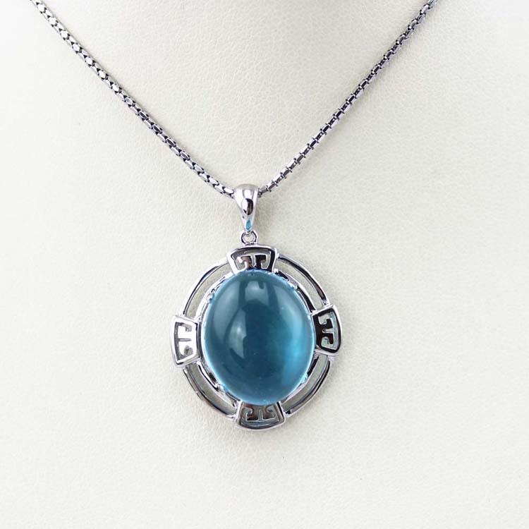 Sterling Silver Oval Dome Created Blue Topaz Cubic Zirconia Pendant Silver Chain (PSJ0359)