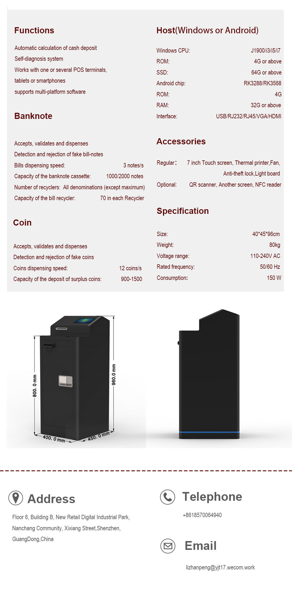 Floor Standing Bill Payment Kiosk 10.1 Inch Self Service Ordering Kiosk With Printer