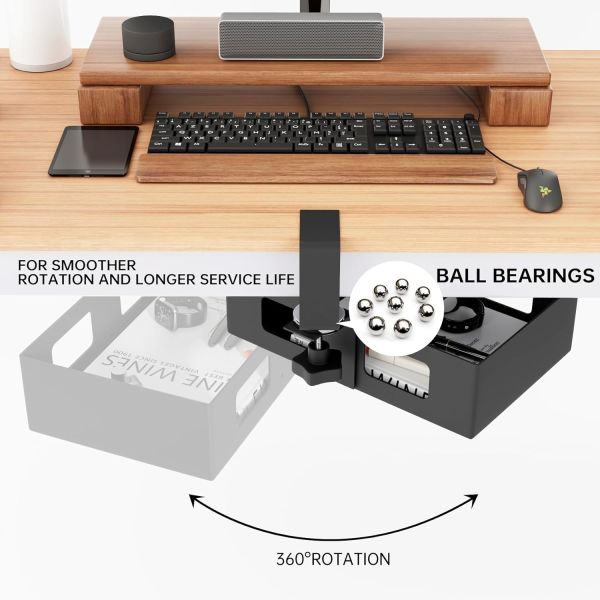 Clamp-on Side Desk Swivel Organizer, Under Desk Hidden Storage Drawer with Cable Hole, Hanging Desk Rotated Metal Basket