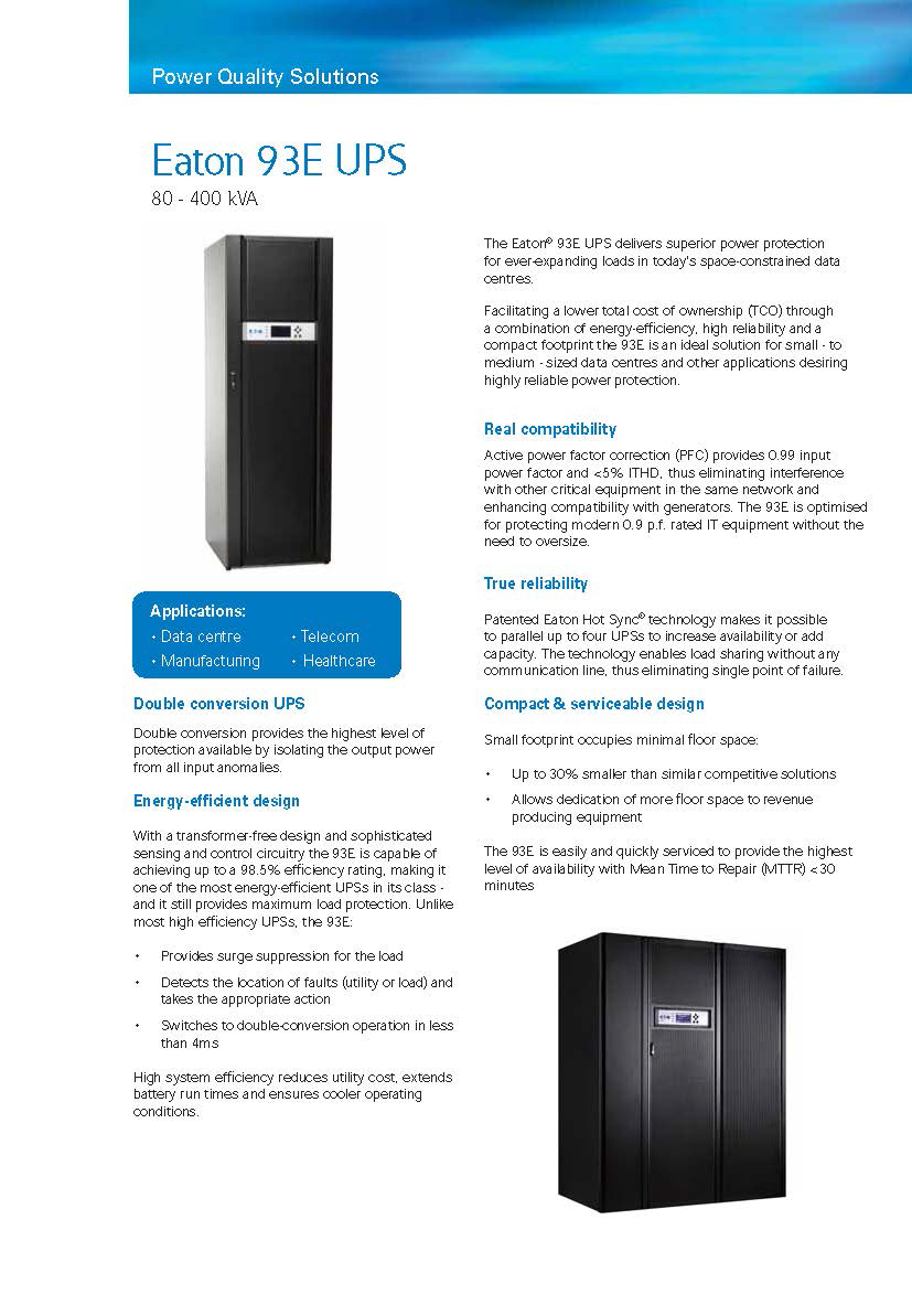 Long Backup Time Eaton 93E UPS 80kVA 72kW 415Vac Networking Double Conversion Tower UPS