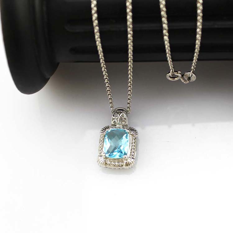 White Gold Plated 925 Silver Blue Topaz Cubic Zirconia Square Pendant Necklace (P04)