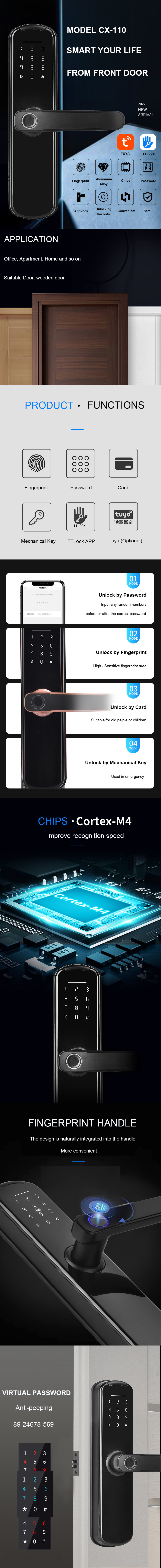 Digital Biometric Keyless Smart Fingerprint Door Lock Wifi BLE For Home