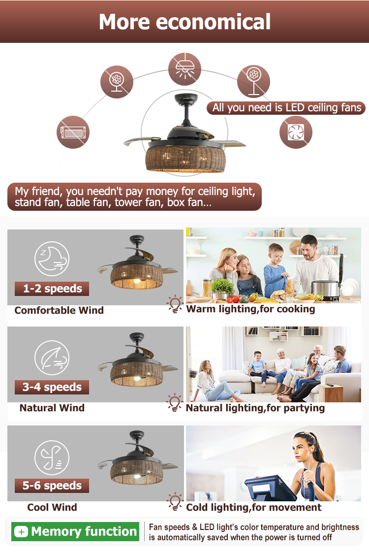 Smart Control Rustic Design Rattan Ceiling Fan with Retractable Blades and Light Kit