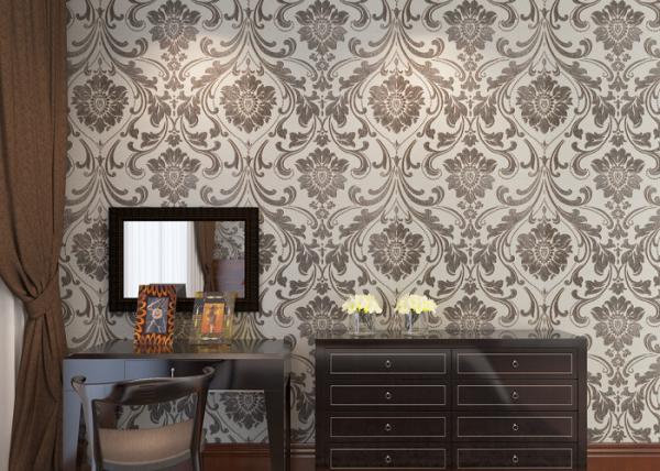 Grey Vinyl Embossed Victorian Damask Wallpaper Removable , Tear - resistant