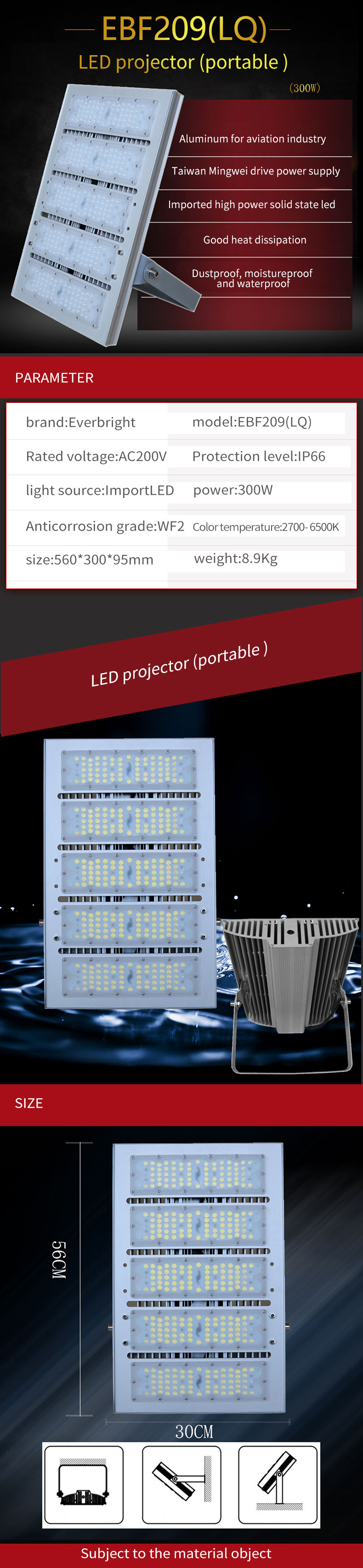 High Efficiency Big Power Ip66 Outdoor Spotlight 300w Foldable Industrial Aquarium Led Floodlight