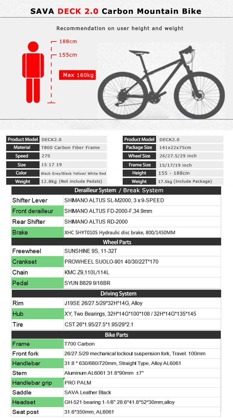 Carbon Fibre Mountain Bike 27 Speed Shimano DEORE M2000 Group Set