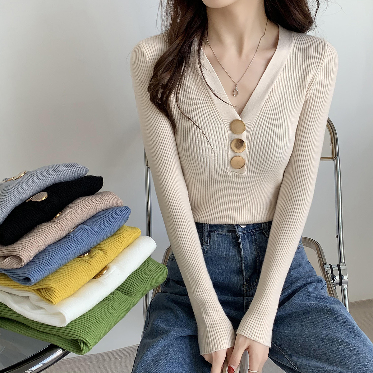 Ladies Long Sleeve Pullover Deep V Neck Knit Sweater With Buttons