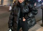 100% Black Faux Leather Ladies PU Jacket Womens Loose Fit Winter Puff Jacket