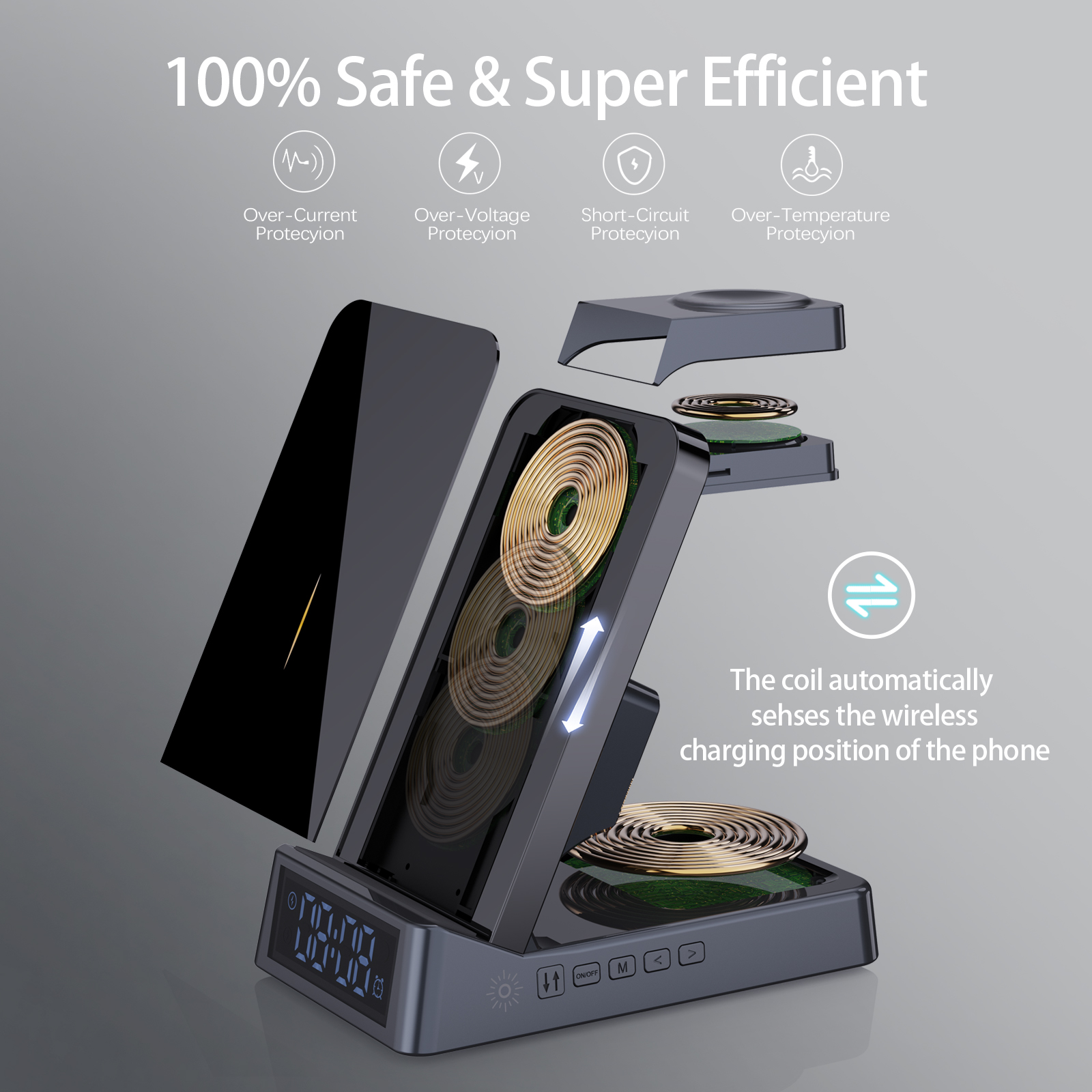 Multifunctional Desktop Portable Wireless Charger Stand With Alarm Clock And Night Light 6 In 1