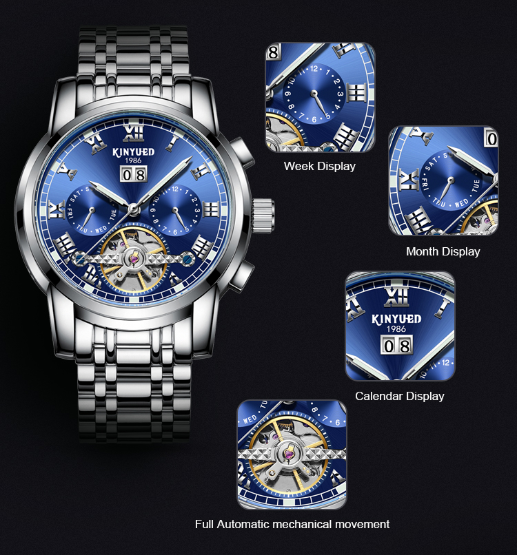 KINYUED Distinctive Style China Automatic Movement Watches Water Resistant Stainless Steel Strap Wristwatches