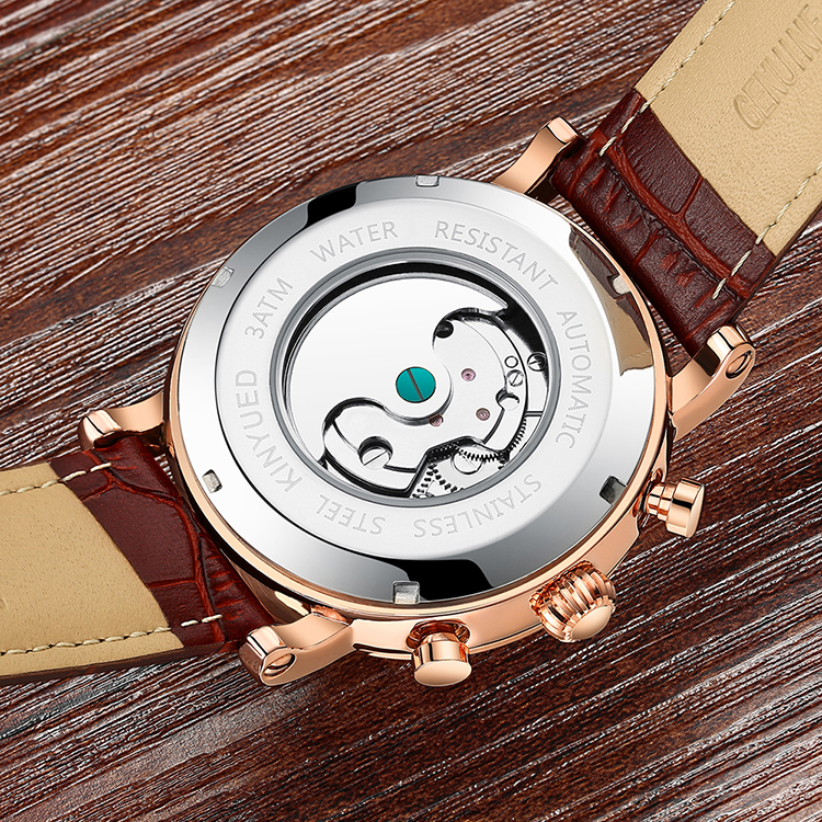 KINYUED Factory Customized Clock Movement Moon Phase Leather Strap Watch Mens Automatic Watch
