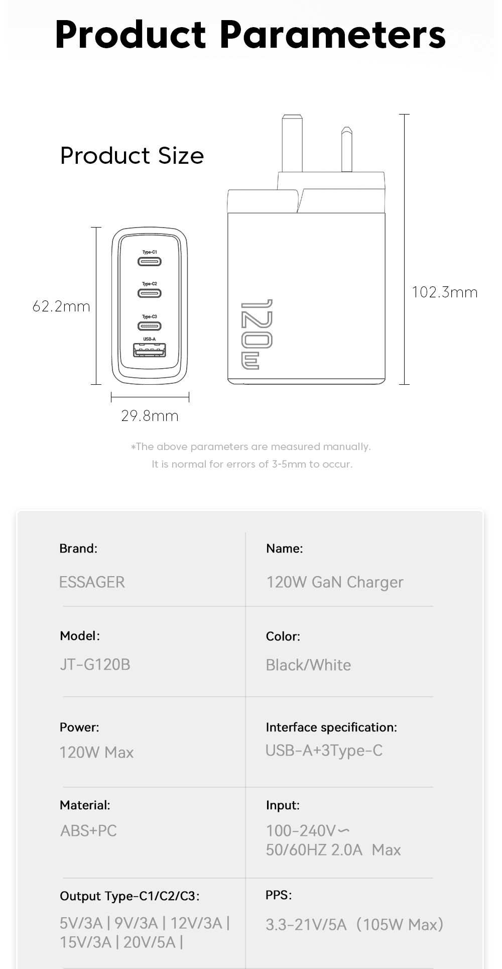 Essager 2023 Best New Product Phone Accessories Quick Charging 3C1A Portable Travel 120w Charger