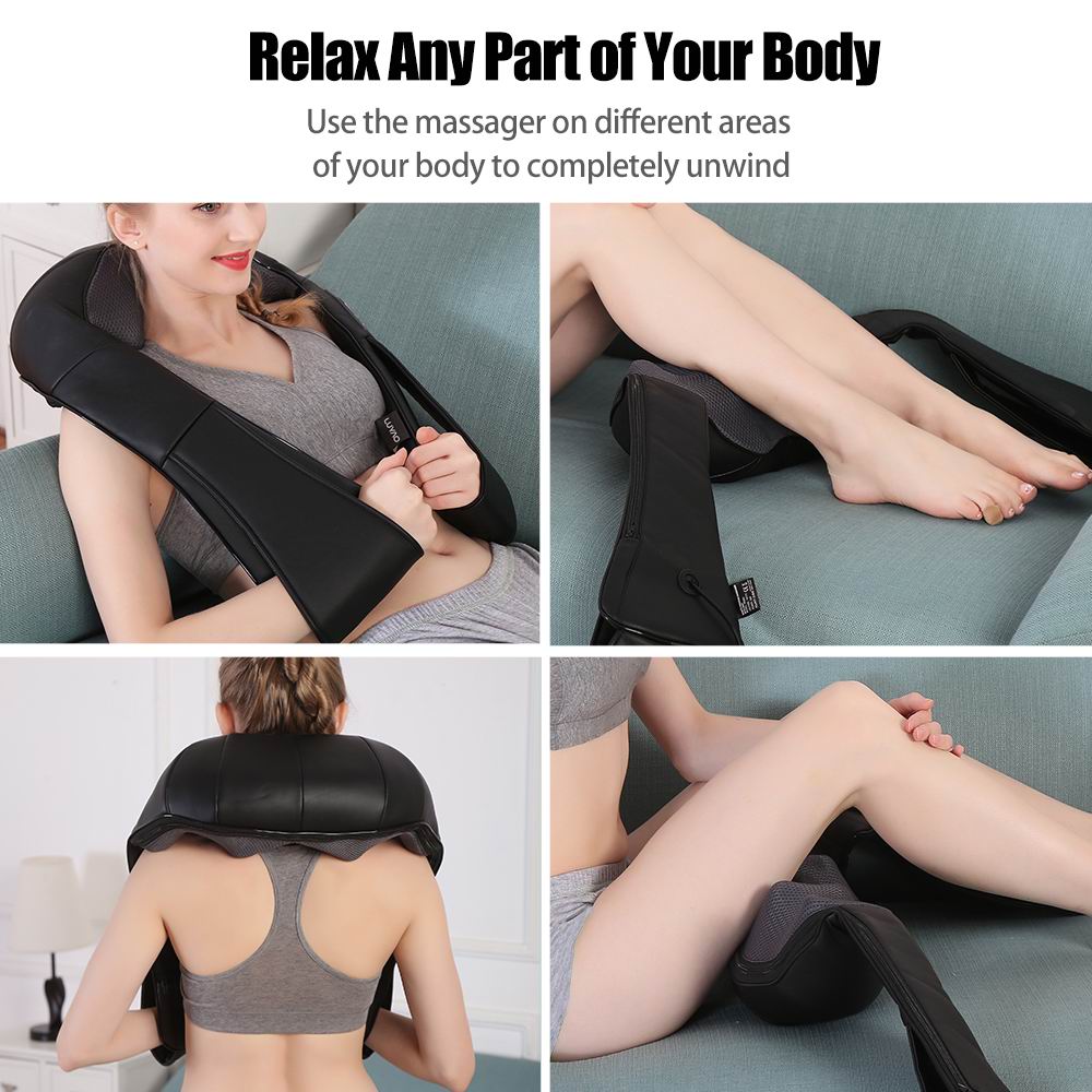 Black PU Cover Portable Neck Massager 4D Kneading With Red Light Warm Massage