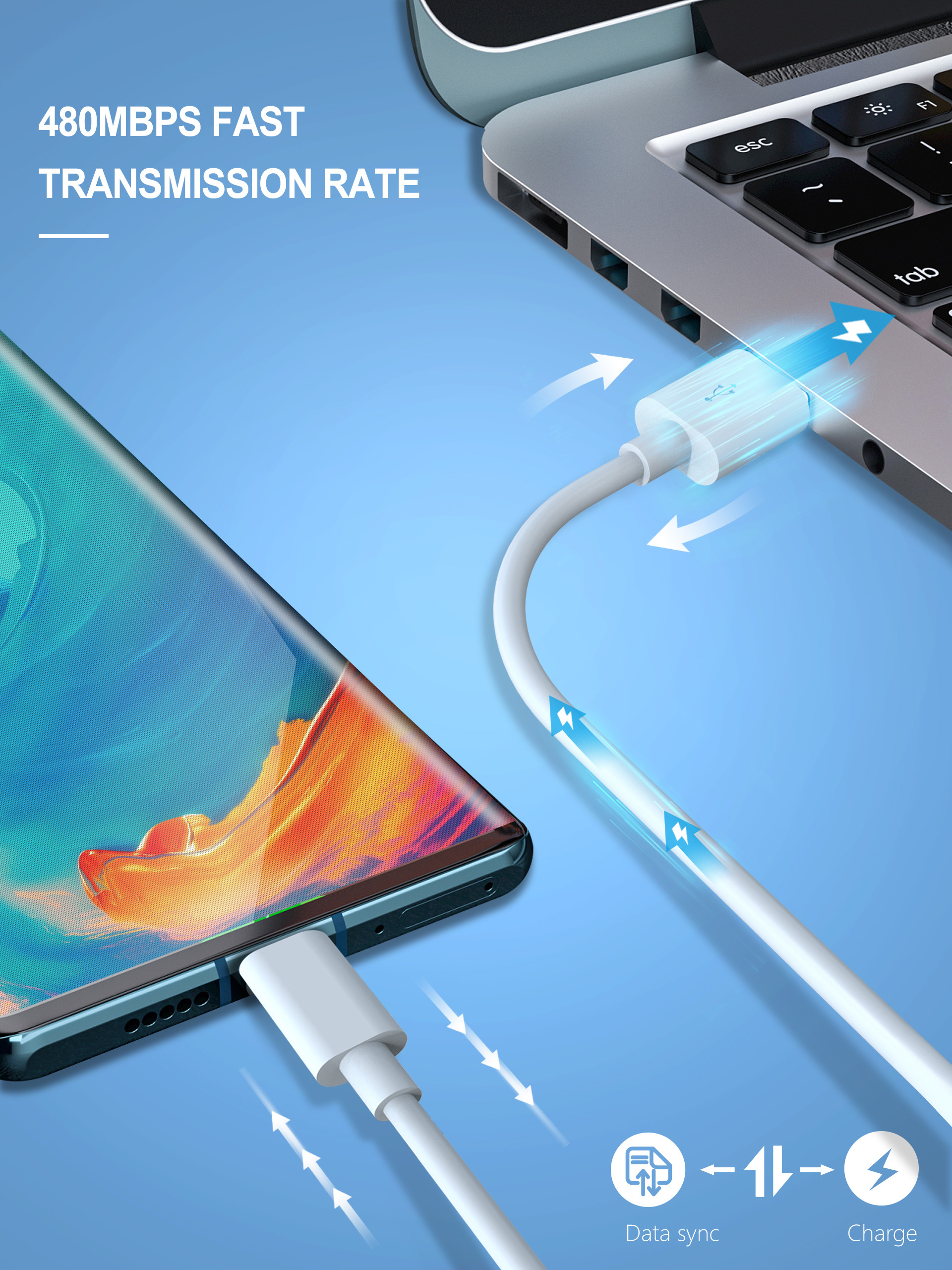 White Quick 5A USB Type C Charging Cable 6FT Long With TPE Plug