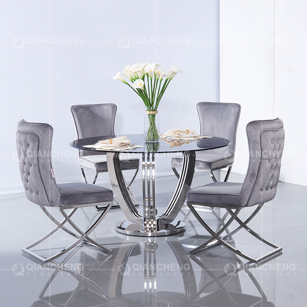 Silver Mirror Dia 135cmx75cm Tempered Glass Dining Table ring shaped chrome legs