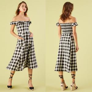 Wholesale Black and white checked off shoulder dress from china suppliers