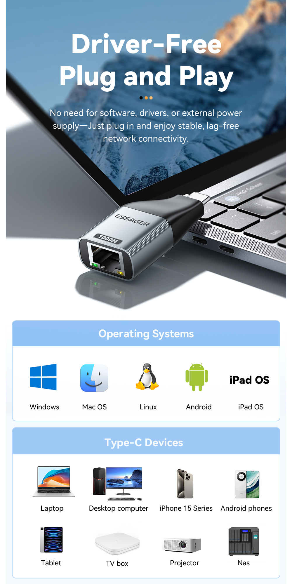ESSAGER ES-OTG22 Series Type C USB C To Ethernet Adapter 100 1000 Mbps