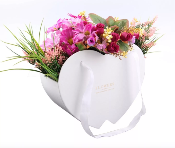 Custom White Rigid Basket Bouquet Packaging with Marble Printing and Portable Handle