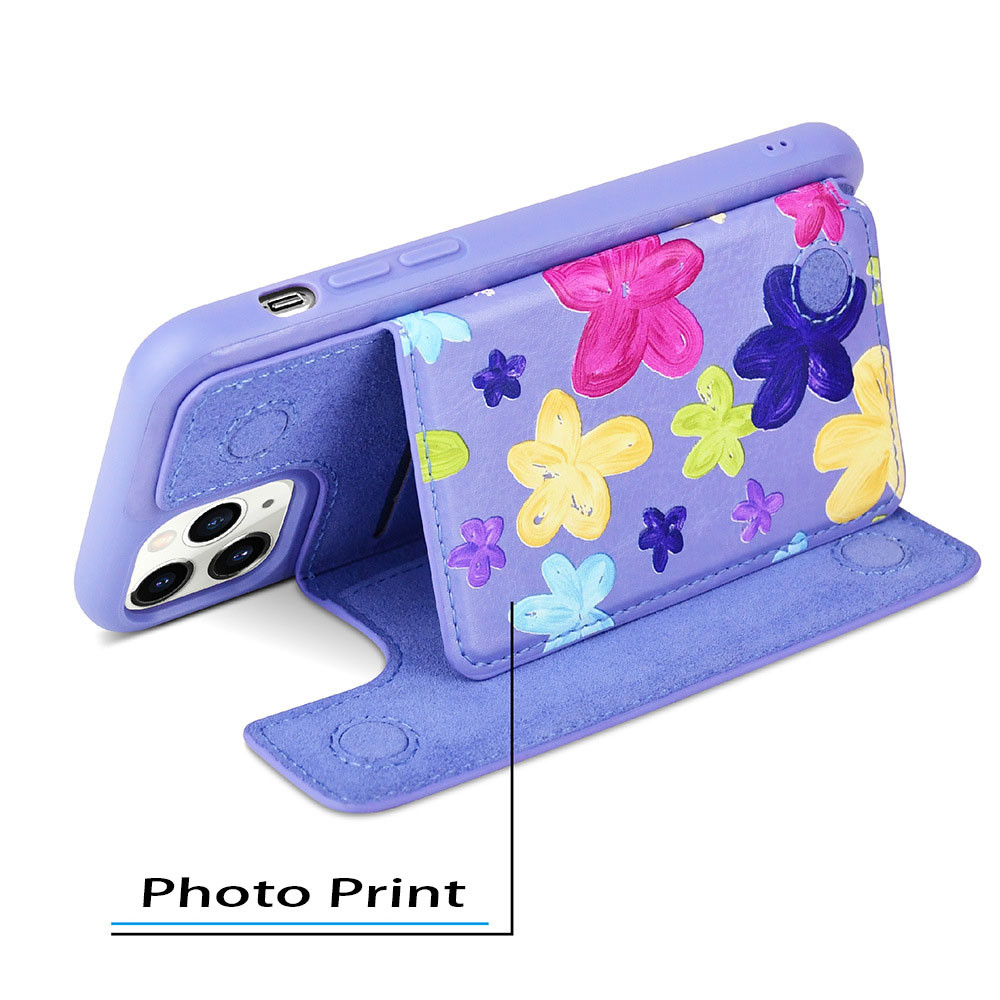 Floral Pattern Card Pocket Phone Case Kickstand Makeup Mobile Cover For Iphone 12